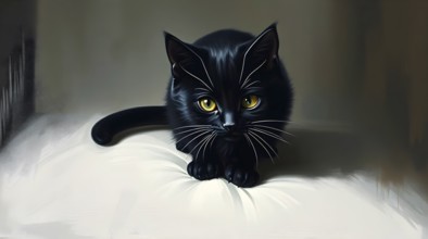 A black cat with striking yellow eyes staring intently, painted in an artistic style against a dark