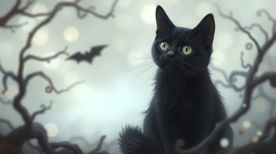 A black cat sits serenely among twisted branches under a starry night sky. Its green eyes reflect