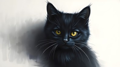 Black cat with striking yellow eyes staring at the viewer in a realistic artistic style, painted on