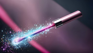 A vivid lip gloss wand emitting colorful sparkles and glitter in a magical, enchanting setting. AI