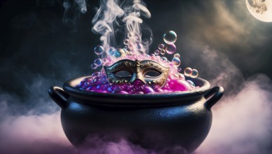 A cauldron filled with vibrant pink bubbles emits smoke as a decorative masquerade mask floats on