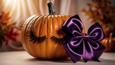 A vibrant orange pumpkin adorned with long eyelashes on a table. A shiny purple bow sits nearby,