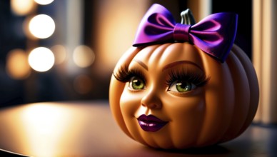 A creative pumpkin design featuring a doll-like face with large green eyes, bold eyelashes, and a