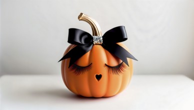 A bright orange pumpkin with closed eyes, long eyelashes and a stylish black bow. Creative