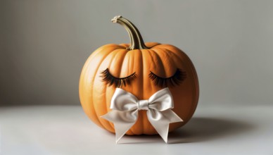 A pumpkin adorned with eyelashes and a white bow on a minimalist background, Halloween beauty