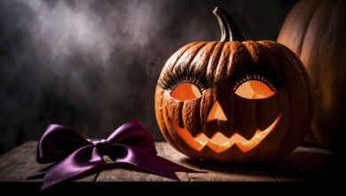 A carved Halloween pumpkin with eyelashes and a cheerful grin glows brightly on a wooden table at