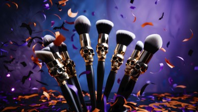 Unique makeup brushes featuring a skull design are beautifully arranged, surrounded by colorful