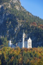 Neuschwanstein Castle high up on an autumn-colored hill in front of imposing mountains, Schwangau,