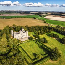 Wedderburn Castle and Barns over fields from a drone, Duns, Berwickshire, Scotland, UK