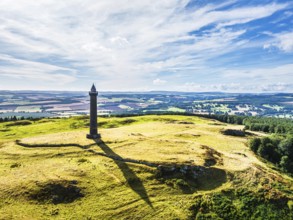 Waterloo Monument over Scottish fields and farms from a drone, Jedburgh, Scotland, UK