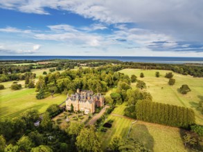 Tyninghame House over River Tyne from a drone, East Lothian, Scotland, UK