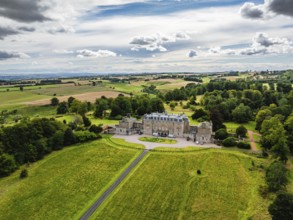 Marchmont House and garden from a drone, Marchmont Estate, Greenlaw, Berwickshire, Duns, Scotland,