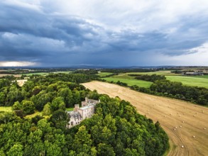 Hutton Castle from a drone, Whiteadder Water, Chirnside, Scottish Borders, UK