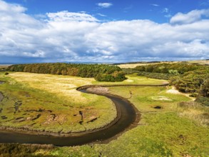 Marshes over Aberlady Bay and Peffer Burn from a drone, Luffness Castle, Aberlady, East Lothian,