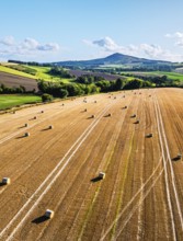Straw bales in the Scottish fields from a drone, Southeast Scotland, UK