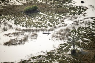 Marshland, marshland with canals, Kavango fishermen with his Mokoro, aerial view, Okavango Delta,