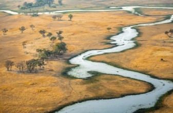 River landscape, idyllic river course, savanna, aerial view, Okavango Delta, Botswana