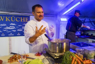 Fish and Forest Festival Moritzburg, show chef Daniel and fish sommelier Sandro Dietrich in action,
