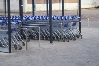 Borken, NRW, Germany, REmpty shopping carts neatly arranged in rows under a shelter in a parking