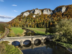 Aerial view of the Upper Danube Valley surrounded by autumn vegetation with the Hausender Peaks
