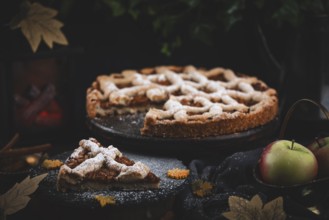 Apple cake with powdered sugar on a dark table with autumn decorations