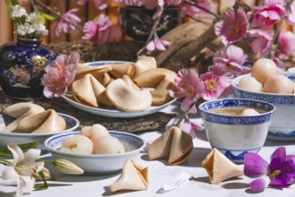Lychee, lychee wine and fortune cookies in Asian tableware surrounded by blossoms