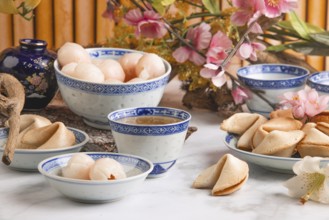 Lychee, lychee wine and fortune cookies in Asian tableware