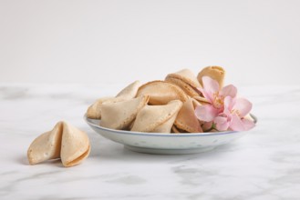 Fortune cookies in a Chinese bowl with a pink flower against a white background