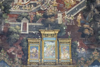 Exquisite wall paintings, interior view of Phra Ubosot or ordination hall, Wat Suthat Thepwararam,