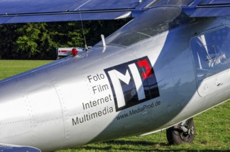 A Dornier Do-27A-1 aircraft, registration D-EFFB, with advertising for MediaProd GbR as part of an