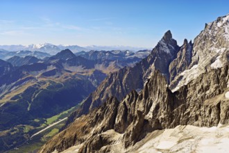 View of the mountain l'Aiguille Noire de Peuterey, in the back the Italian Alps, Pointe Helbronner