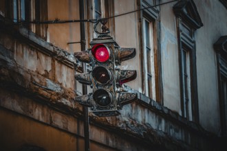 An old traffic light with red light in front of a weathered building