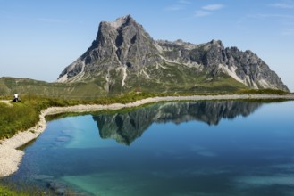 Mountain landscape with reservoir and chairlift, Saloberkopf, Widderstein, Warth, Bregenzerwald,