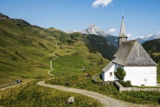 Mountain landscape and chapel, Hochtannberg Pass, Warth, Bregenzerwald, Vorarlberg, Alps, Austria