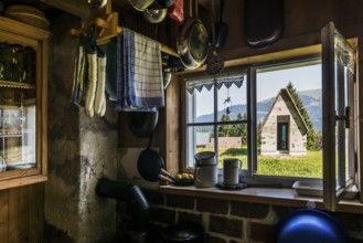 Ancient alpine hut and modern chapel, Alm Enge, Hirschau, Kanisfluh, Bregenzerwald, Vorarlberg,