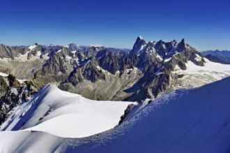 Snow-covered mountain ridge, behind Aiguille Verte, Les Droites, Les Courtes, Grandes Jorasses,