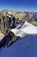 View from the Aiguille du Midi mountain station observation deck of the mountains Aiguille Vert,