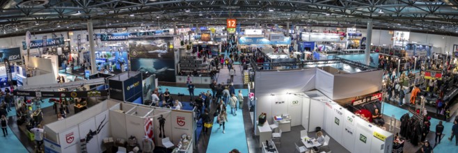 Panoramic overview of exhibition hall 12 from Messe boot, Düsseldorf, North Rhine-Westphalia,