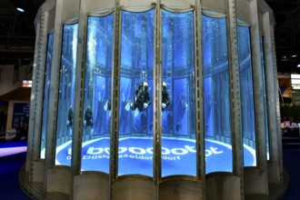 Diving tower with divers, logo lettering boot Düsseldorf on the ground in exhibition hall 12 of