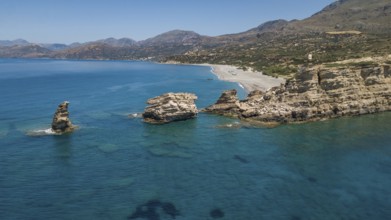 Aerial view from the front Excursion destination Triopetra three rocks rocky landscape next to the