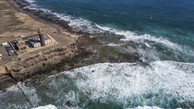 Aerial view from left lighthouse Faro Punta de Jandia at the southern tip of Jandia Peninsula, in