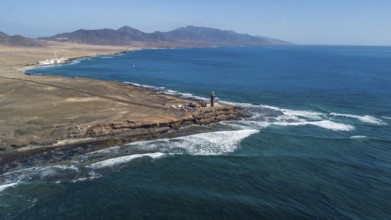 Aerial view of in the center lighthouse Faro Punta de Jandia at the southern tip of Jandia