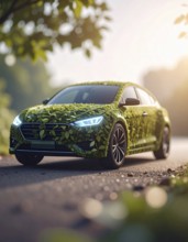 Car formed by green leaves and branches. Sustainable Car technology, ecology concept in harmony