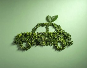 Car formed by green leaves and branches. Sustainable Car technology, ecology concept in harmony