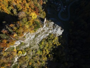 Aerial view of the viewpoint, shovels and Hausen Castle, also known as the Hausen ruins, surrounded