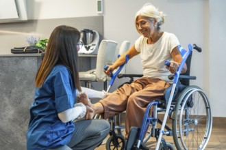 Nursing professional administering physical therapy to an elderly woman in a wheelchair, focusing