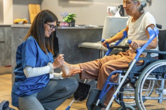 Caregiver providing a foot examination and physical therapy to a senior woman in a wheelchair,
