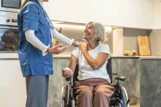 Nurse supporting an elderly woman in a wheelchair, providing care and medicine, symbolizing home