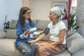Healthcare professional checking blood pressure for an elderly woman in her home, providing