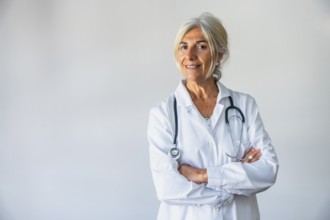 Senior woman doctor standing confidently with a stethoscope hanging around her neck, smiling at the